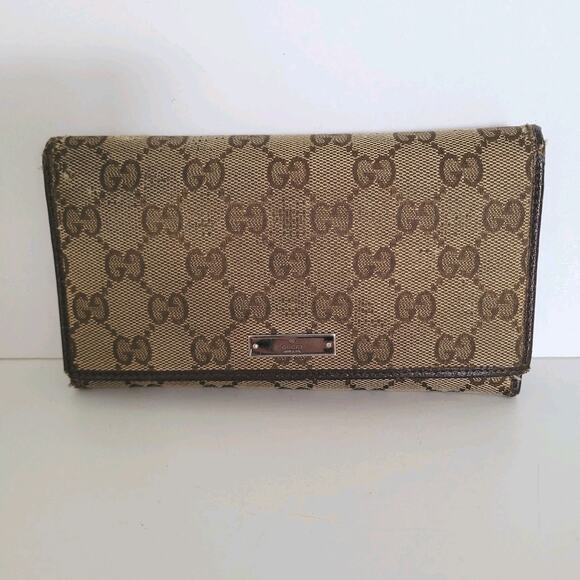 GUCCI GG Guccissima Logo Canvas Leather Wallet Long Bifold Brown Fair Vintage - Picture 1 of 11